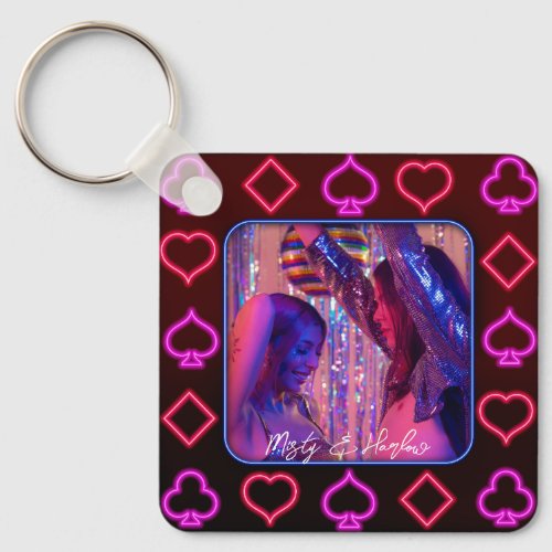 Neon Casino Cards Suits Photo Frame  Keychain