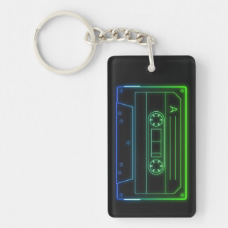Neon Cassette Key Ring, Green Dark Blue Vaporwave Keychain