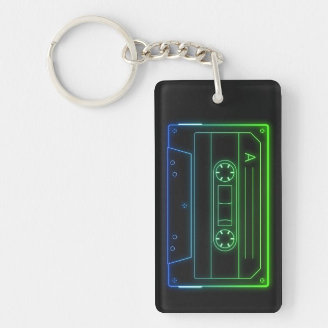 Neon Cassette Key Ring, Green Dark Blue Vaporwave Keychain (Front)