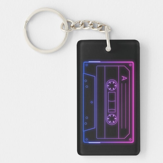 Neon Cassette Key Ring, Pink Dark Blue Vaporwave Keychain (Front)