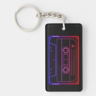 Neon Cassette Key Ring, Red Dark Blue Vaporwave Keychain