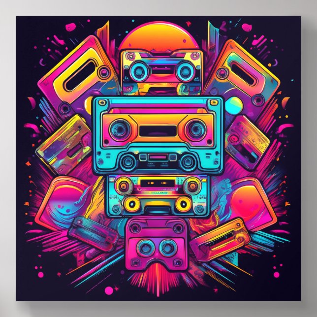 Neon Cassette Tape Explosion Wall Art Acrylic Photo Tile (Front Set)
