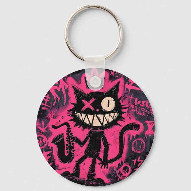 Neon Cat Chaos Keychain (Front)
