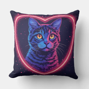 Neon Cat Heart Design – Cute Glowing Kitty Love Throw Pillow