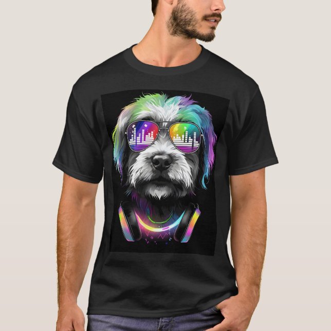 Neon Cavoodle with headphones Black T-Shirt (Front)