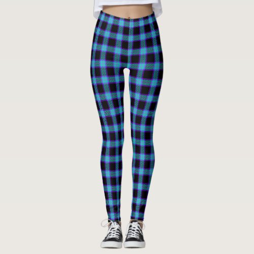 Neon Cerulean Blue Plaid Leggings Punk Goth Emo