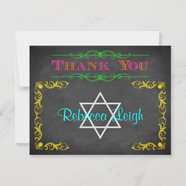 Neon Chalkboard Bat Mitzvah Thank You Note Card (Front)