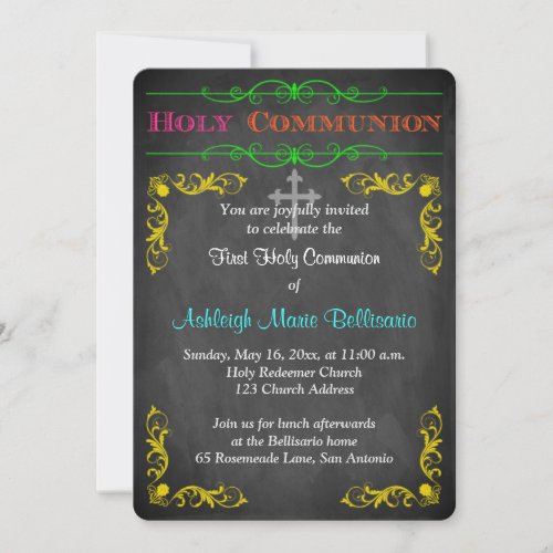 Neon Chalkboard First Holy Communion Invite