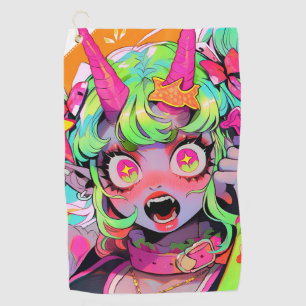 Neon Chaos Demon Girl Expression Golf Towel