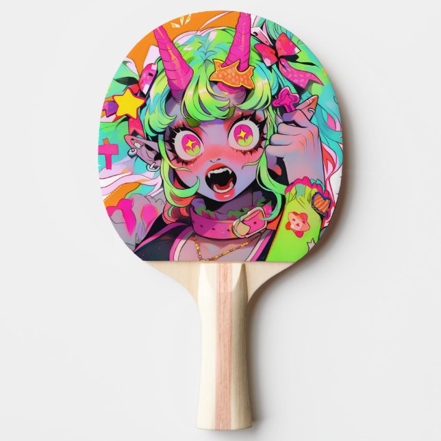 Neon Chaos Demon Girl Expression Ping Pong Paddle (Front)