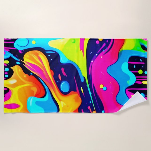 Neon Chaos Liquid Color Explosion Beach Towel (Front)