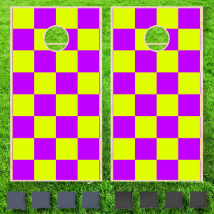 Neon Chartreuse Purple Checkered Checkerboard Cornhole Set