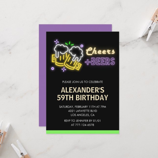 Neon Cheers Beer Black 59th birthday invitation (Front/Back In Situ)