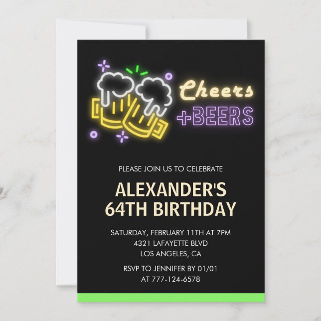 Neon Cheers Beer Black 64th birthday invitation (Front)