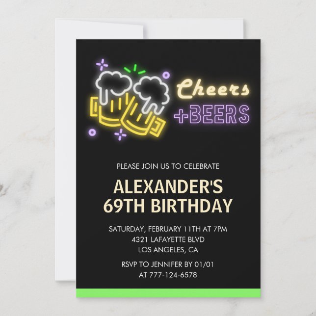 Neon Cheers Beer Black 69th birthday invitation (Front)