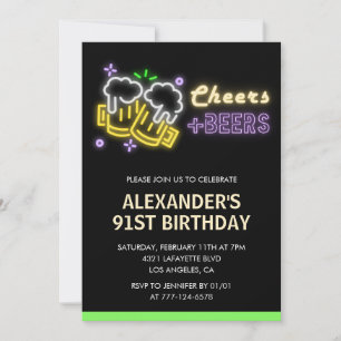 Neon Cheers Beer Chalkboard 91st birthday Invitation
