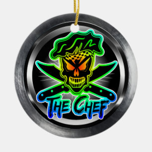 Neon Chef Skull Ceramic Ornament
