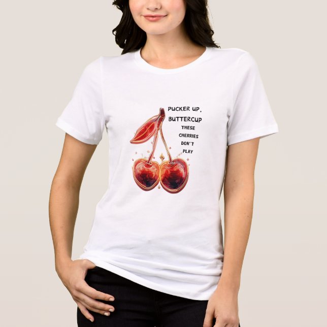 Neon Cherries Pucker Up, Buttercup Tri-Blend Shirt (Front)