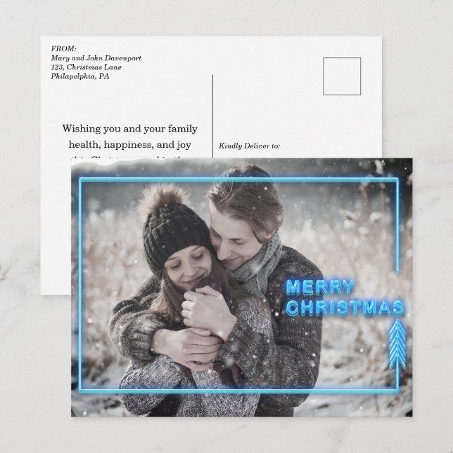 Neon Christmas Blue Photo  Holiday Postcard (Front/Back)