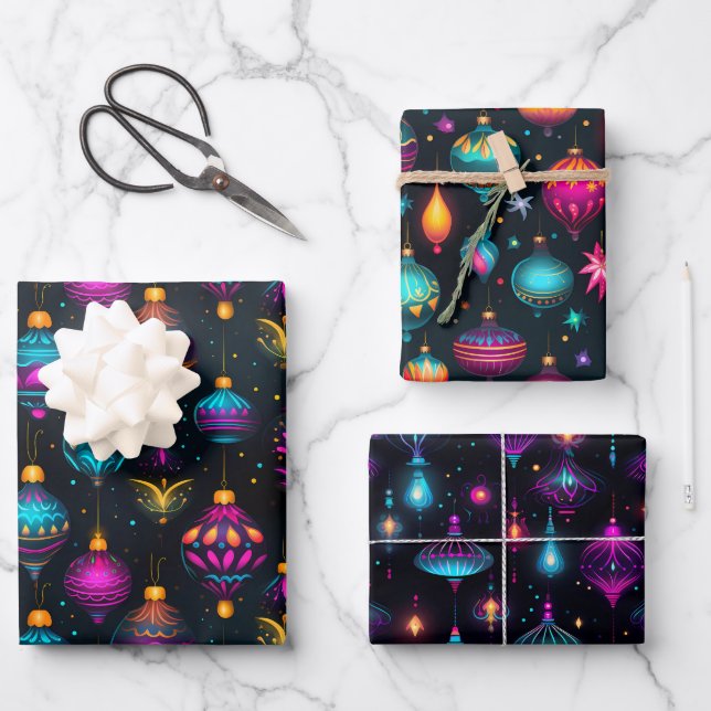 Neon Christmas Ornaments Wrapping Paper Sheets (Front)