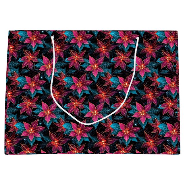Neon Christmas Poinsettias Large Gift Bag (Front)