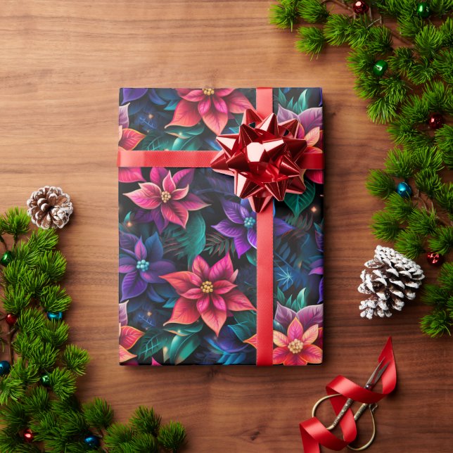 Neon Christmas Poinsettias Wrapping Paper (Holiday Gift)