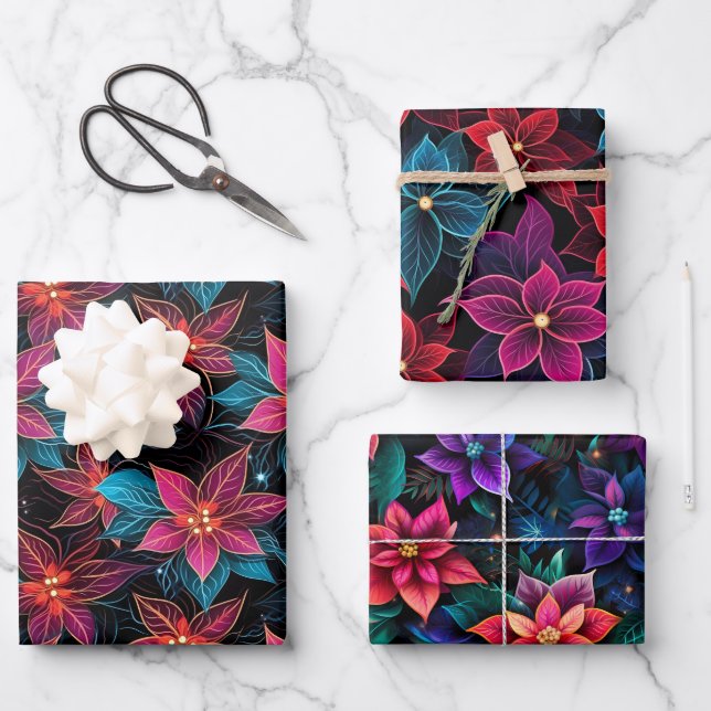 Neon Christmas Poinsettias Wrapping Paper Sheets (Front)