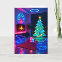 Neon Christmas Tree Retro Futuristic Holiday Card