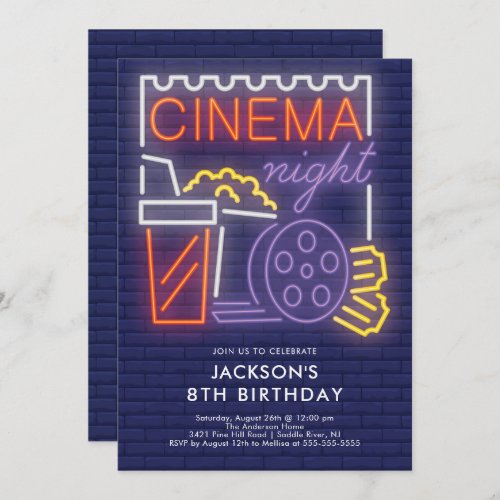 Neon Cinema Night Birthday Invitation