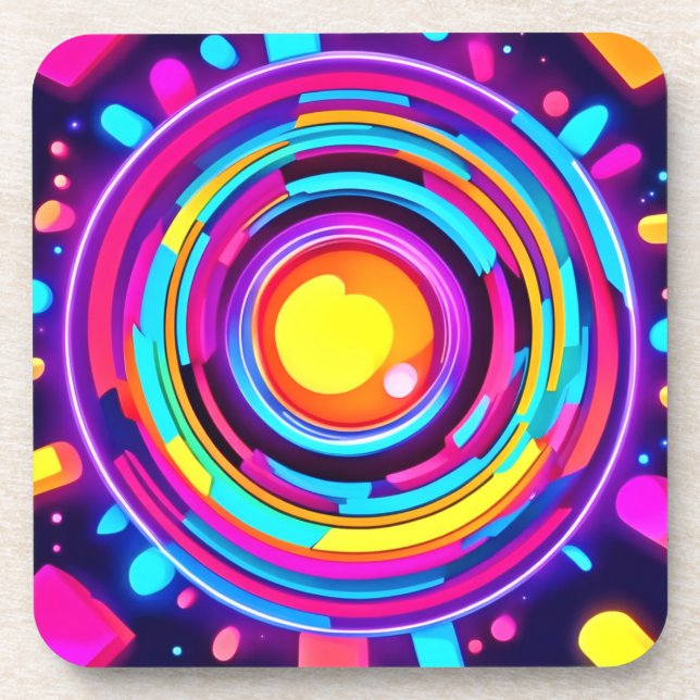 Neon Circle Vortex Pattern Beverage Coaster (Front)
