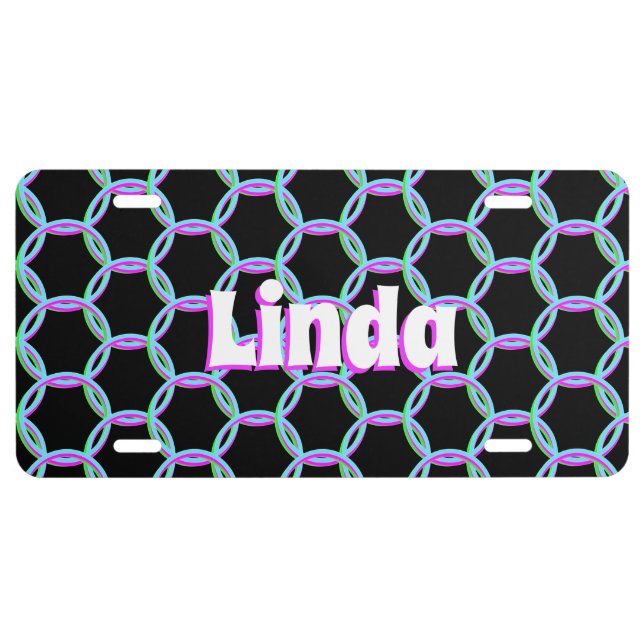 Neon Circular Teal Pink Green Script Name Black License Plate (Front)