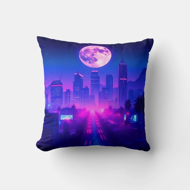 Neon City Synthwave Sunset XL Area Rug Throw Pillow (Front)