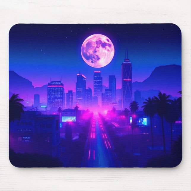 Neon City Synthwave Sunset XL Gaming Desk Mat Mouse Pad (Front)