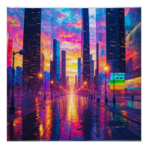 Neon Cityscape Reflections at Sunset Futuristic
