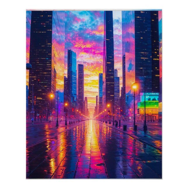 Neon Cityscape Reflections at Sunset Futuristic Poster (Front)