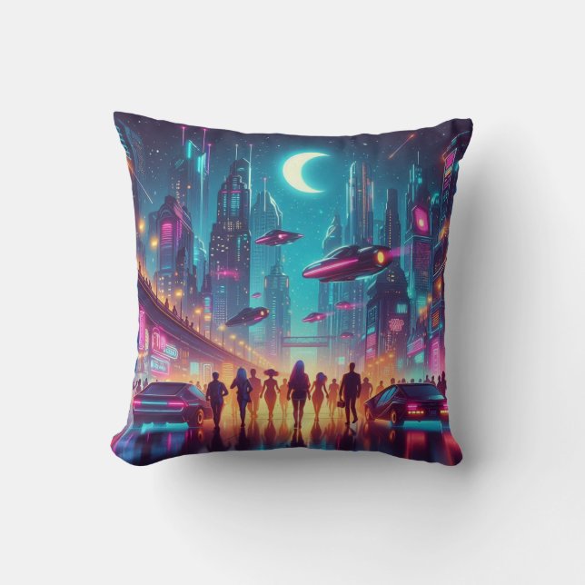 Neon Cityscape Throw Pillow (Front)