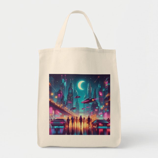 Neon Cityscape Tote Bag (Front)