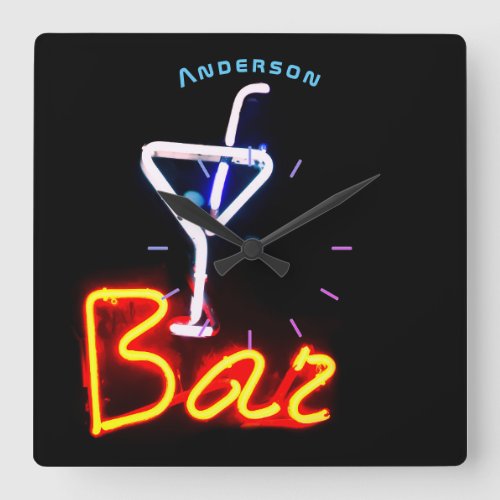 Neon Cocktail Bar Den Mancave Personalized Wall Square Wall Clock