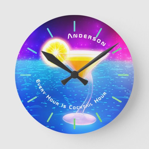 Neon COCKTAIL Hour Tropical Personalized Wall Round Clock