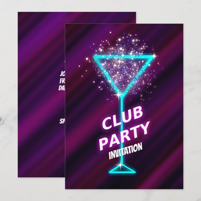 Neon-Cocktail Night Club Party Invitation (Front/Back)
