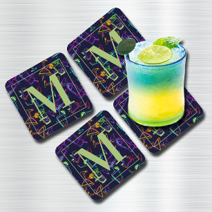 Neon Cocktails and Drinks on Black Monogram Beverage Coaster