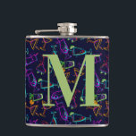 Neon Cocktails on Black Monogram Personalize Drink Flask<br><div class="desc">Modern pattern of cocktails in neon colors - hot pink, lime green, orange, turquoise and lime green on black background vinyl wrap on 6 ounce flask. Fun gift for birthdays, bachelorette party, bridesmaids or for yourself. Use the Customize Further link to add or delete text, change font or font color....</div>