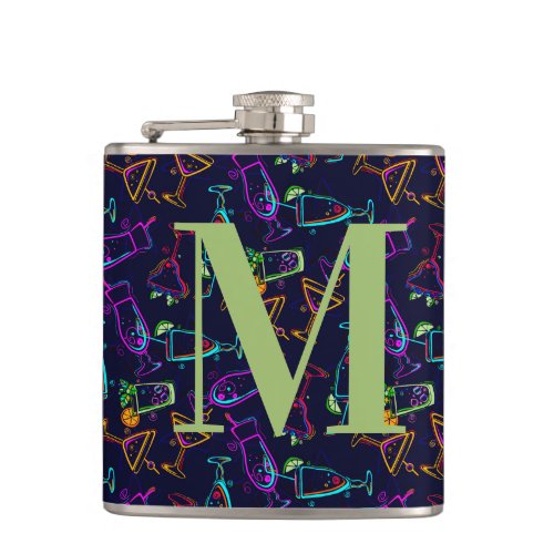 Neon Cocktails on Black Monogram Personalize Drink Flask