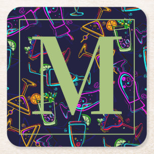 Neon Cocktails on Black Monogram Square Paper Coaster