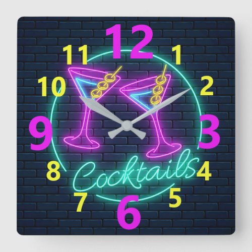 Neon Cocktails Sign Square Wall Clock