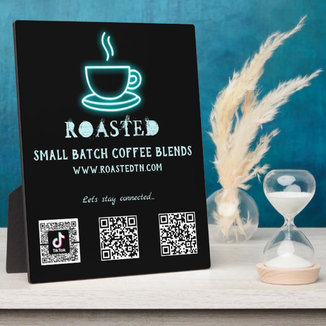 Neon Coffee Cup Social Media QR Codes Plaque (Side)