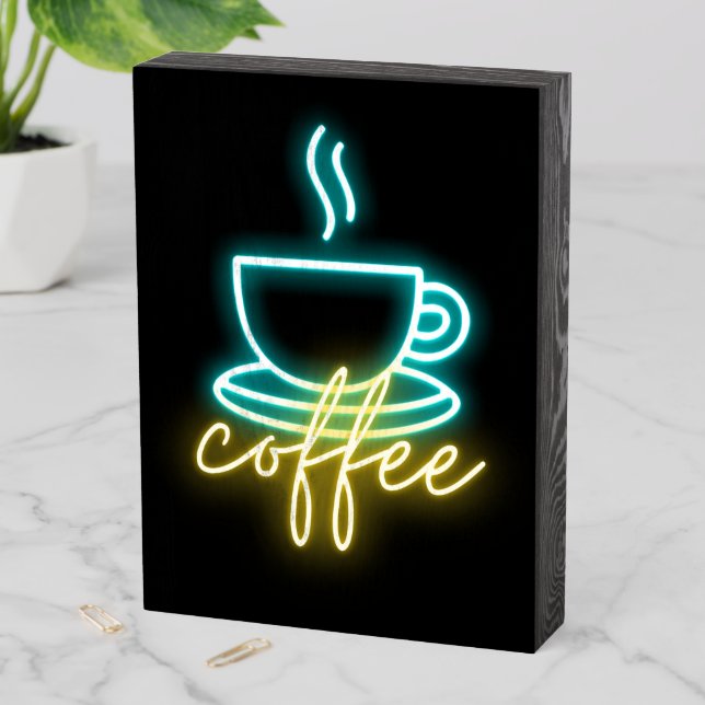 Neon Coffee Symbol &  Text Wooden Box Sign (In Situ Vertical)