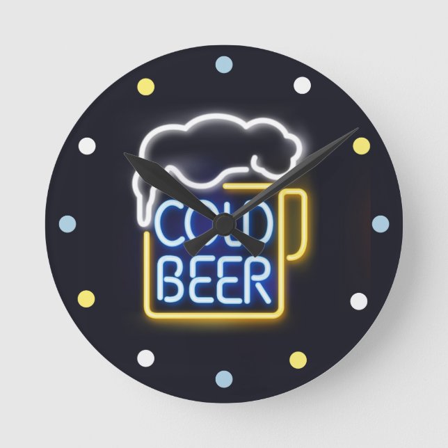 Neon Cold Beer Mancave Bar Den Wall Clock (Front)