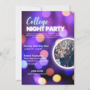 Neon College Night Party Invitation,  Invitation