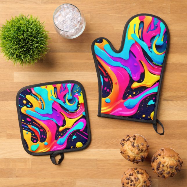 Neon Color Fluid Dreams Oven Mitt & Pot Holder Set (Top Down)